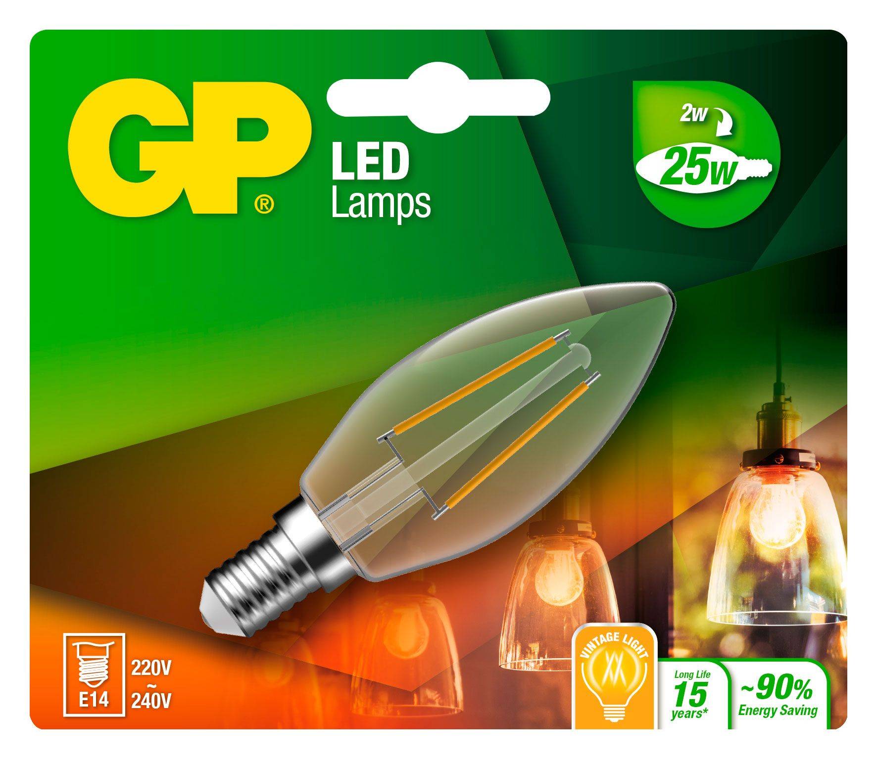 GP Batteries Lampadina LED E14 Bianco Caldo 2W Filamento Classe E IC-GP472104, 1