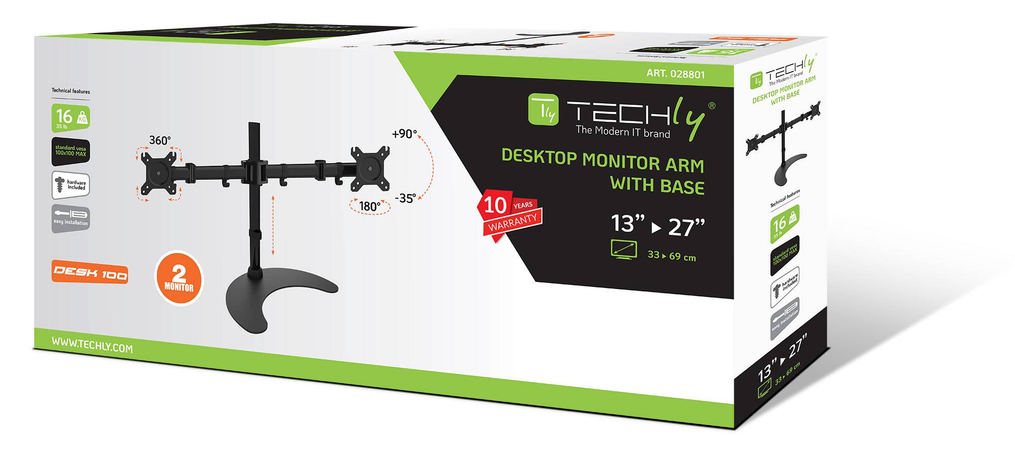 TECHly - Aufstellung - für 2 LCD-Displays - Schwarz - Bildschirmgröße: 33-68.6 cm (13"-27")
