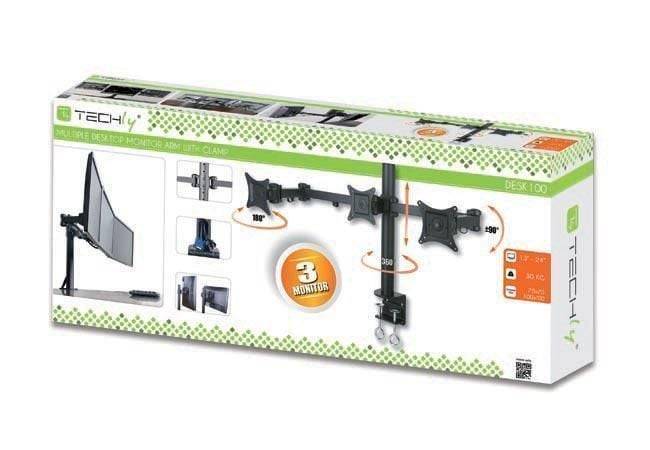 techly - Befestigungskit (Spannbefestigung für Tisch, Mantelrohr, Schwenkarm) für 3 LCD-Anzeigen - Schwarz - Bildschirmg
