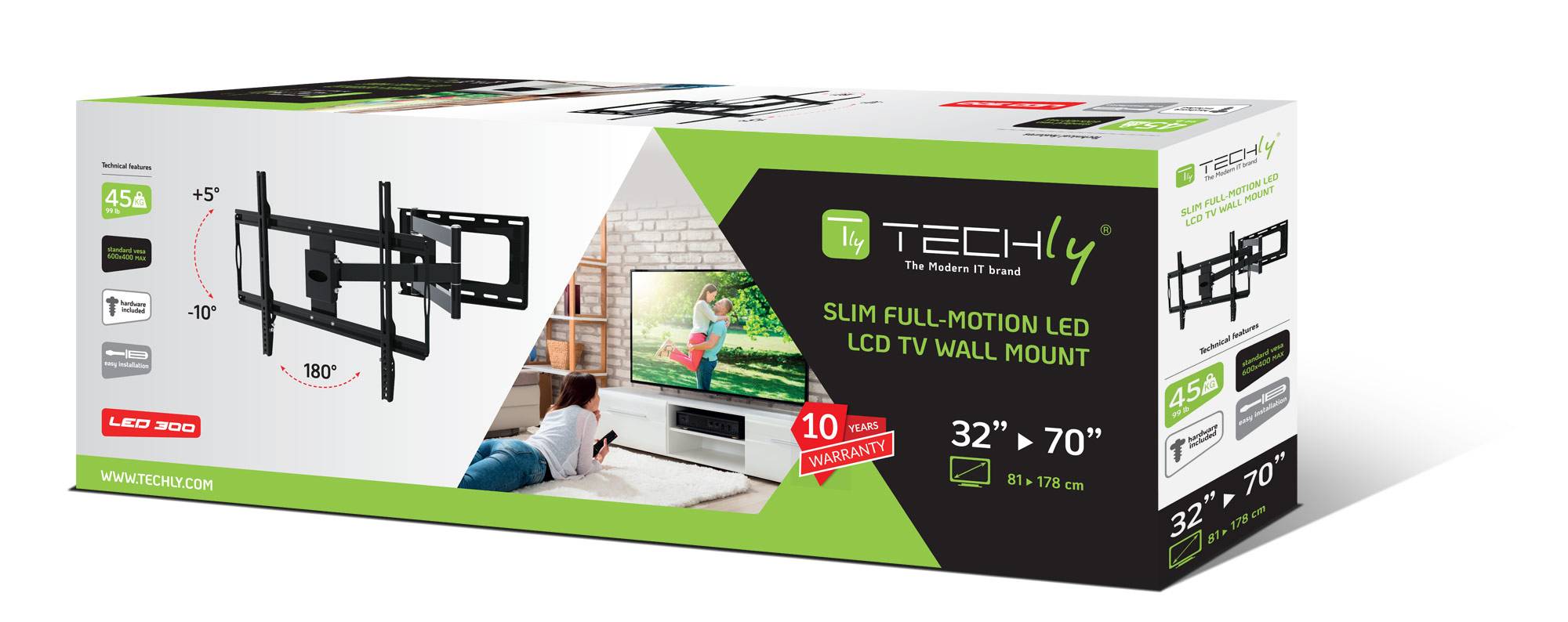 TECHly ICA-PLB-23M TV-Wandhalterung Neigbar, Schwenkbar, Variabler Wandabstand, Zusammenklappbar 81,3 cm (32") - 177,8 cm (70") Neigbar+Schwenkbar