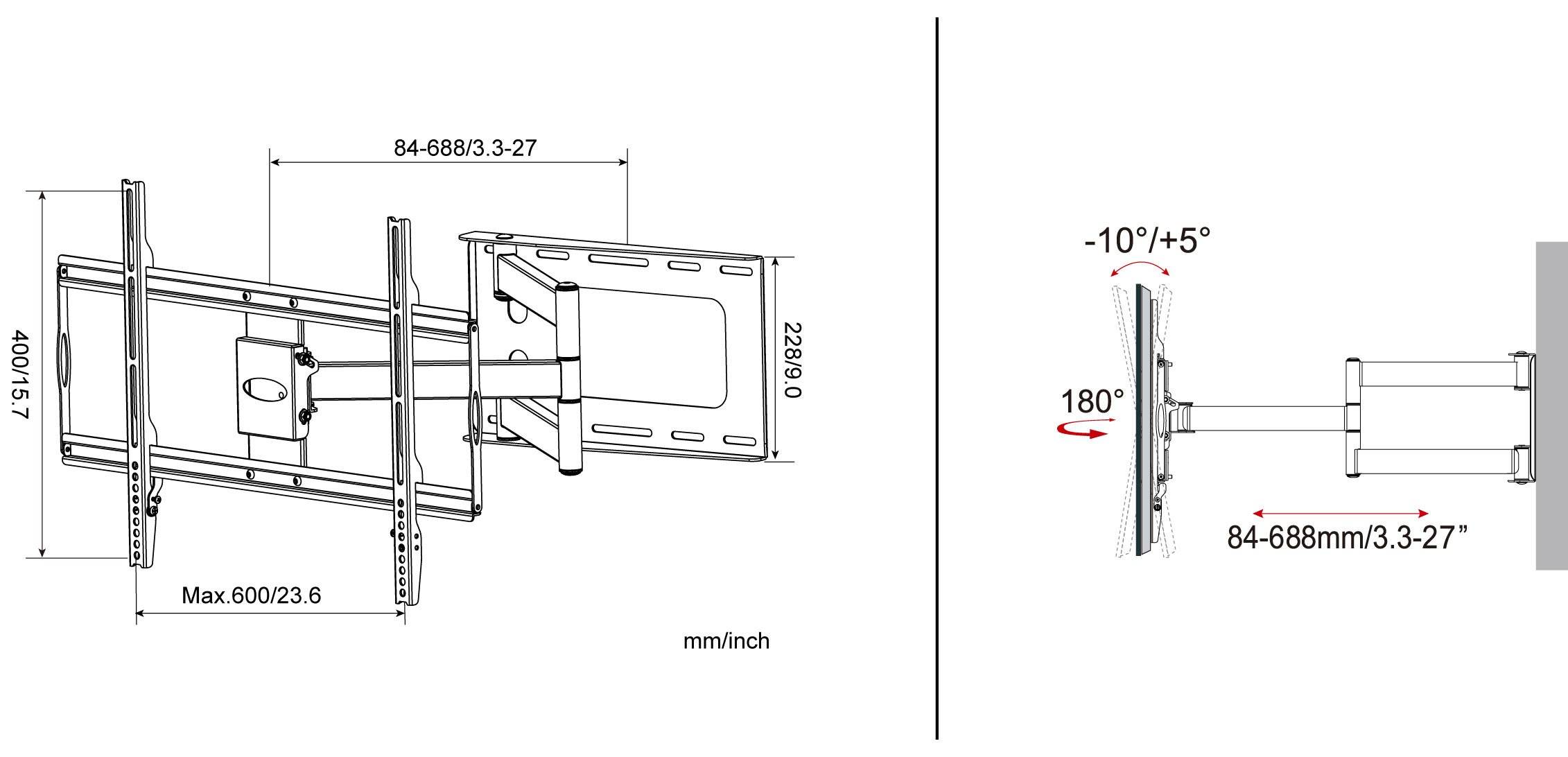 TECHly ICA-PLB-23M TV-Wandhalterung Neigbar, Schwenkbar, Variabler Wandabstand, Zusammenklappbar 81,3 cm (32") - 177,8 cm (70") Neigbar+Schwenkbar