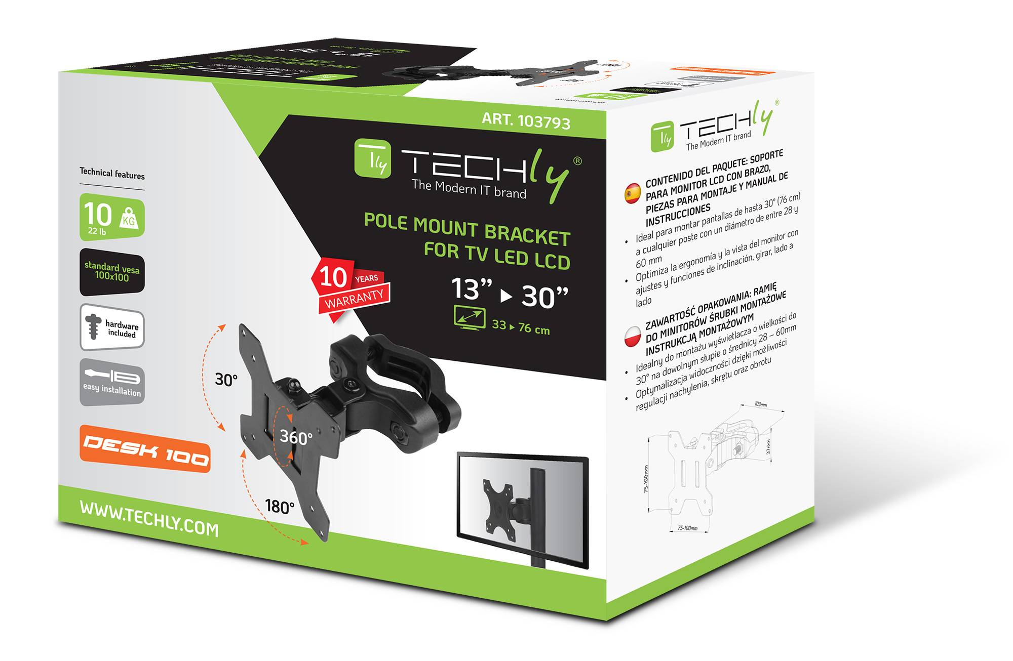 TECHly ICA-LCD-100BK 1fach Monitorhalterung 33,0 cm (13") - 76,2 cm (30") Schwarz Rotierbar, Neigbar, Schwenkbar