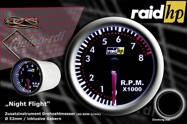 raid hp 660264 Kfz Einbauinstrument Drehzahlmesser Benzinmotor Messbereich 0 - 8000 U/min NightFlight Rot, Weiß 52 mm