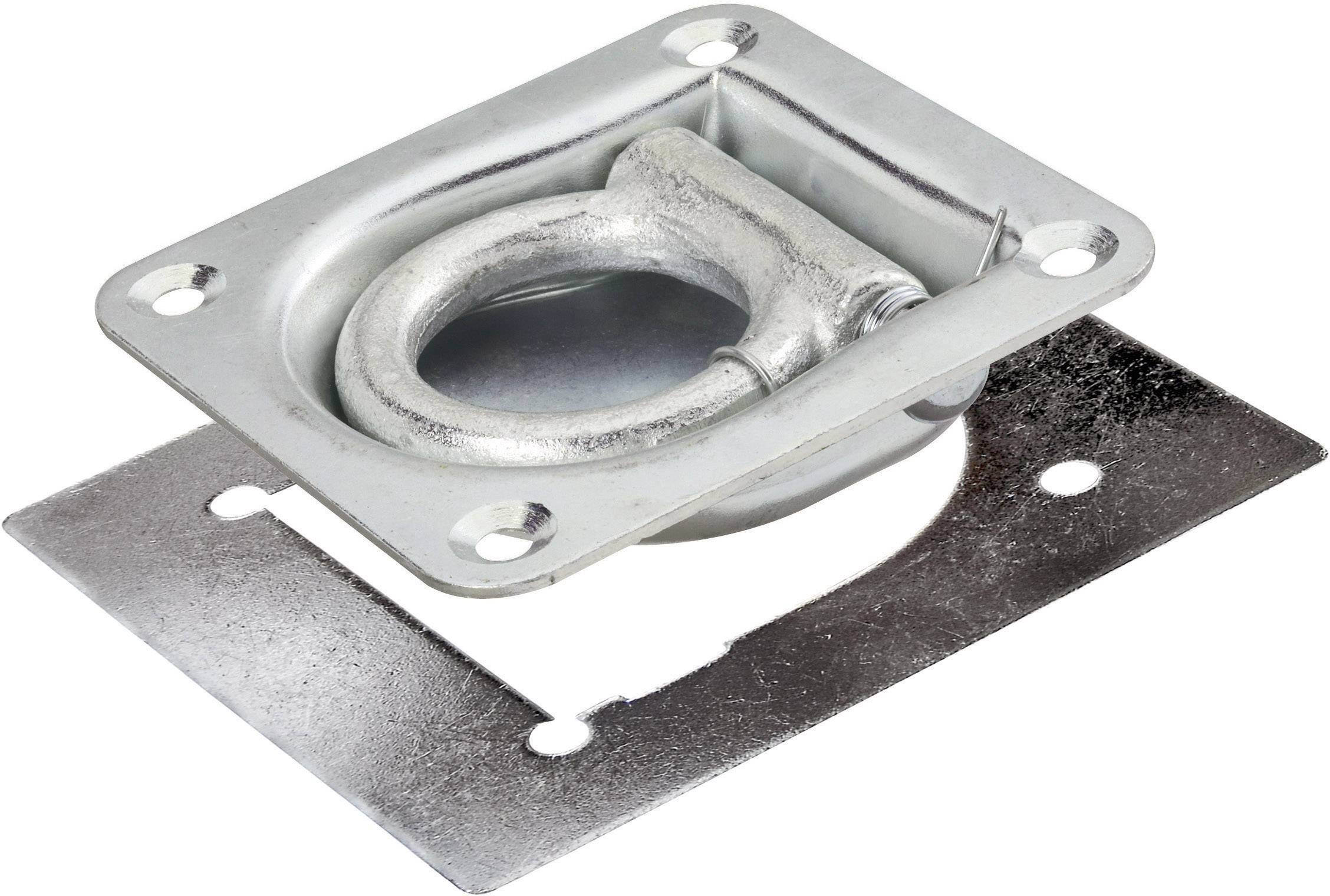 Metallischer, rechteckiger Ringgriff mit kreisförmigem Griff, umgeben von einer montierbaren, flachen Metallplatte mit vier Schraubenlöchern.