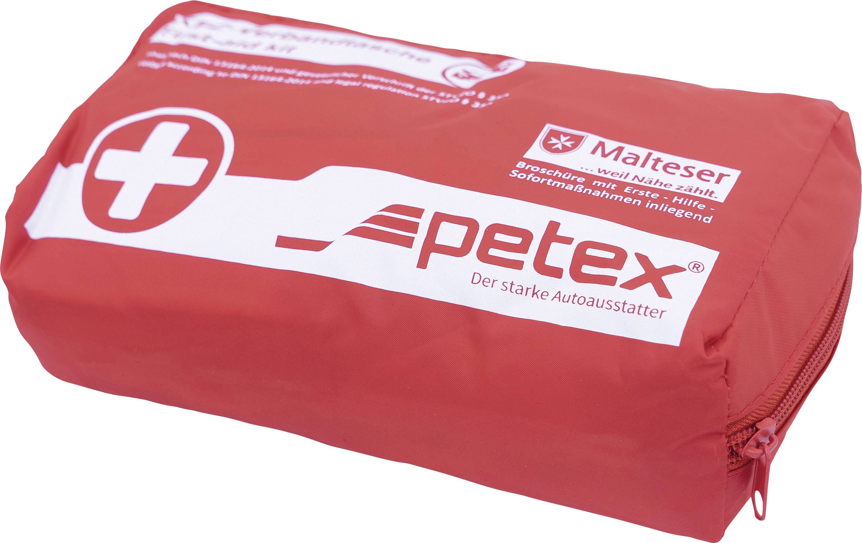 Rotes Erste-Hilfe-Set mit weißem Kreuz und dem Logo 'petex'. Geeignet für Notfälle im Auto.