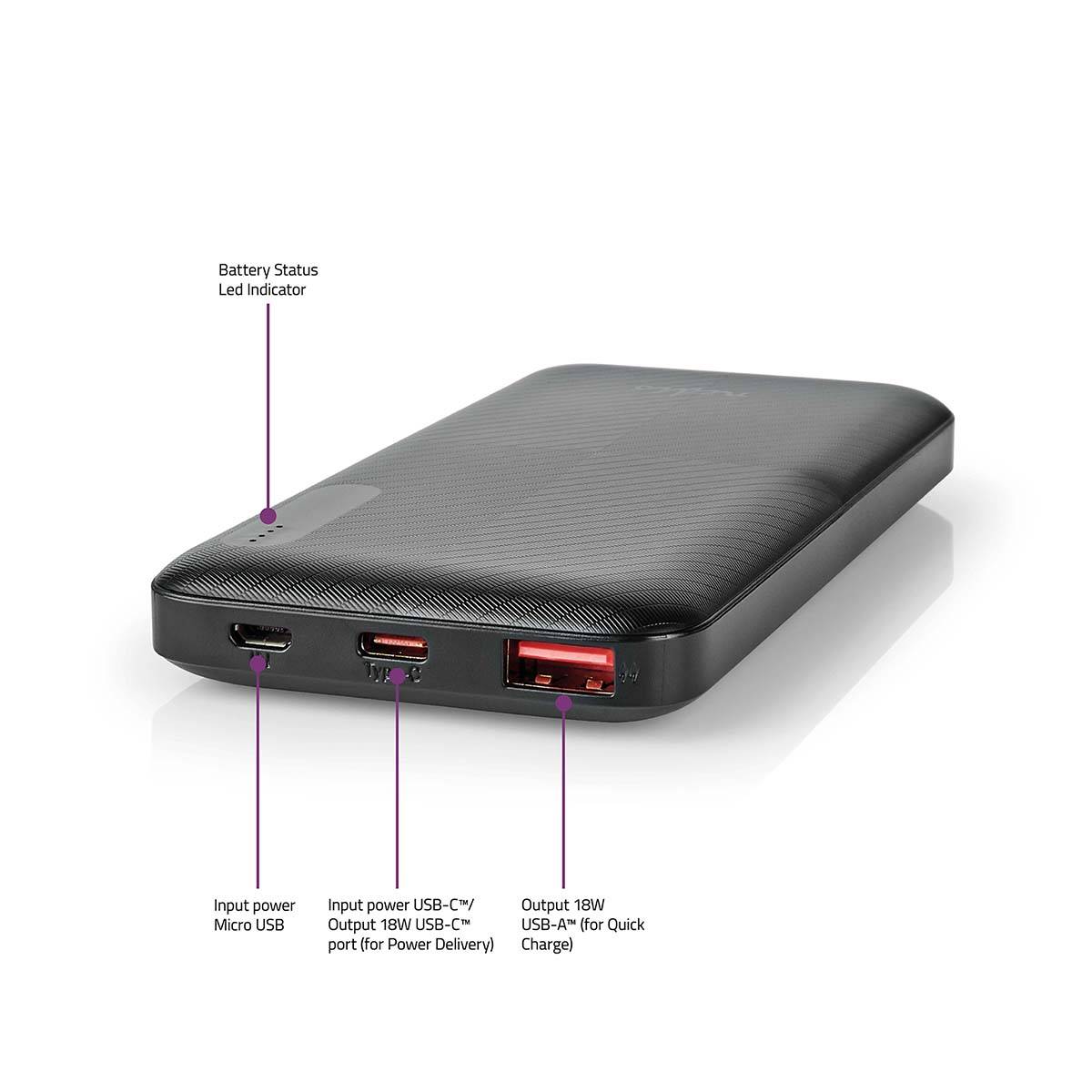 Nedis UPBKPD10000BK, 10000 mAh, Lithium Polymer (LiPo), 3,7 V, 18 W, Schwarz
