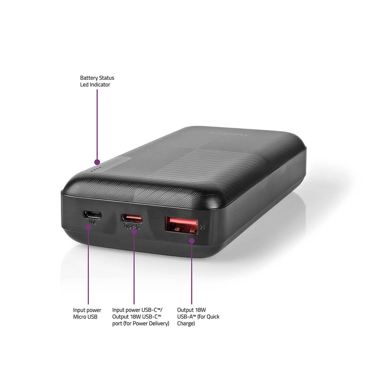 Nedis UPBKPD20000BK, 20000 mAh, Lithium Polymer (LiPo), 3,7 V, 18 W, Schwarz