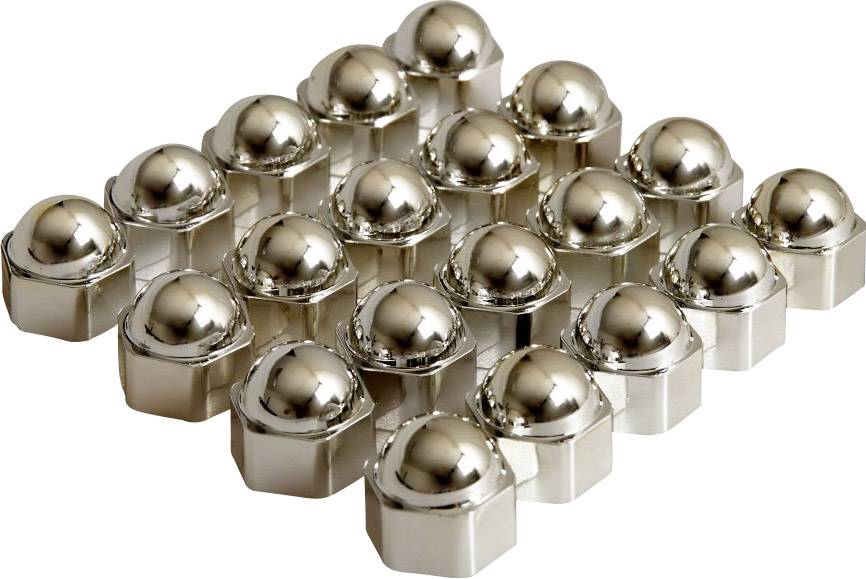 Metallische Sicherheitsschrauben mit kugelförmigen Kappen, gleichmäßig ausgerichtet, spiegeln Licht und zeigen industrielle Verwendungszwecke.