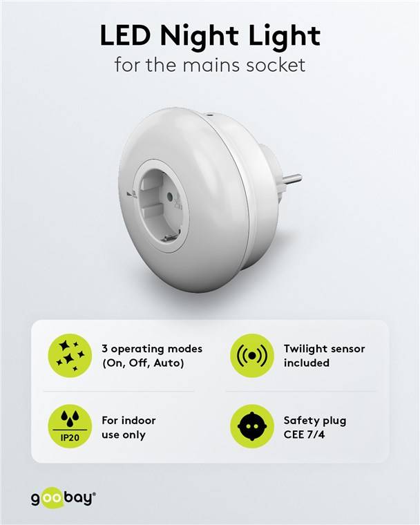 Goobay 64566 LED Nachtlicht mit Dämmerungssensor für Steckdose 3 Modi Steckdosenlicht Schlaflicht Nachtbeleuchtung