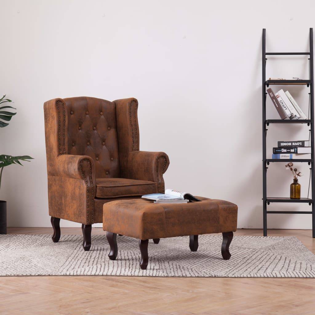 vidaXL Chesterfield-Sessel und Fußhocker Braun Wildleder-Optik