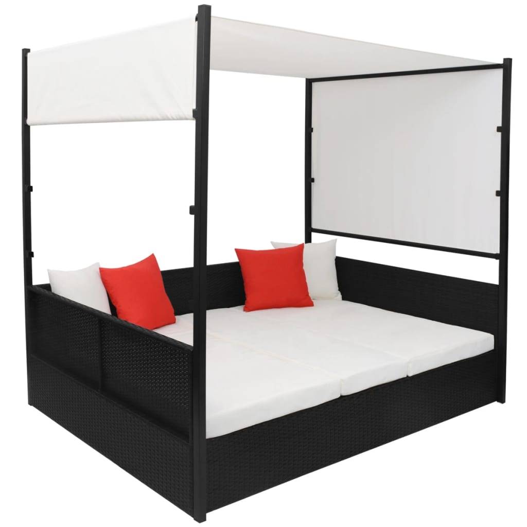 vidaXL Gartenbett mit Baldachin Schwarz 190×130 cm Poly Rattan