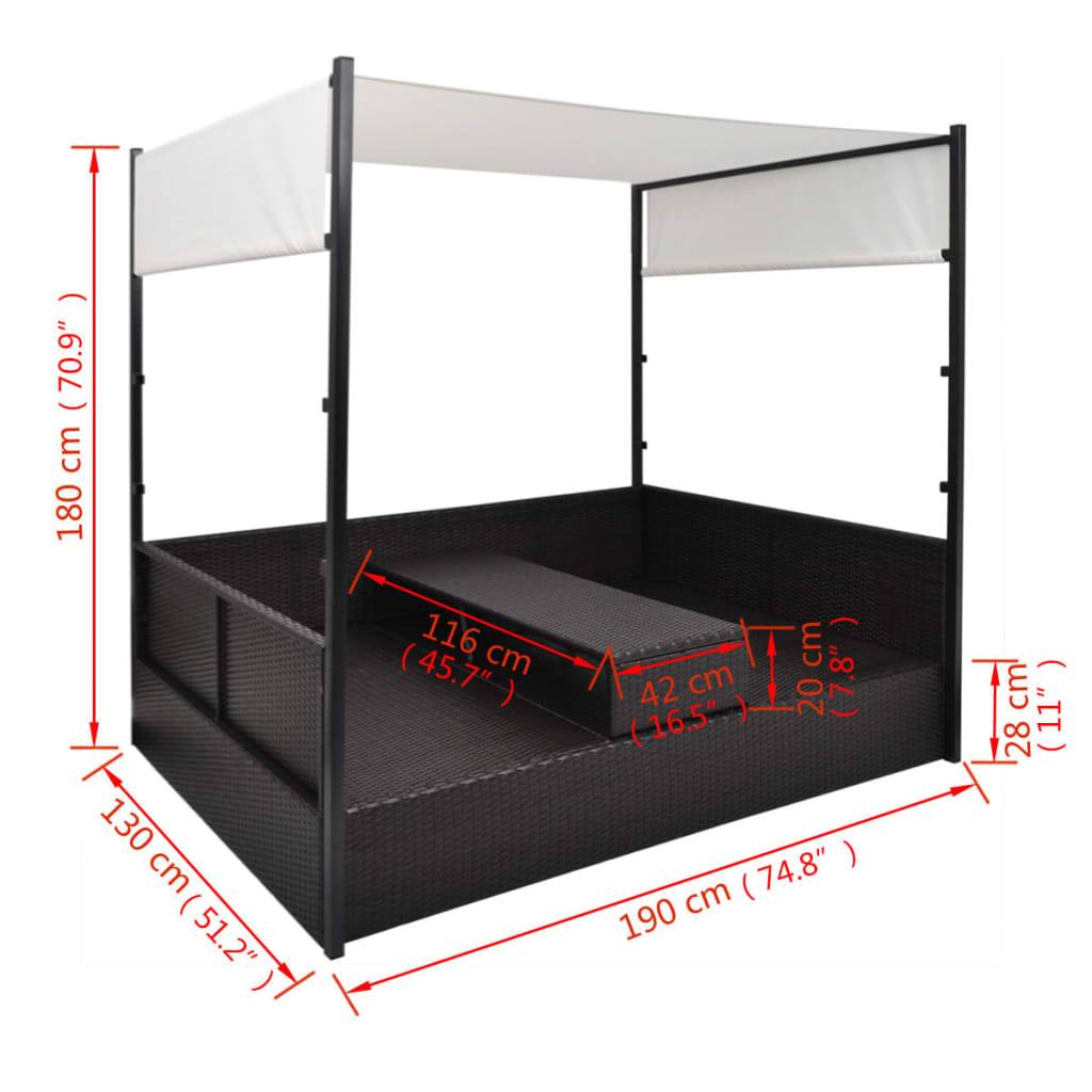vidaXL Gartenbett mit Baldachin Schwarz 190×130 cm Poly Rattan