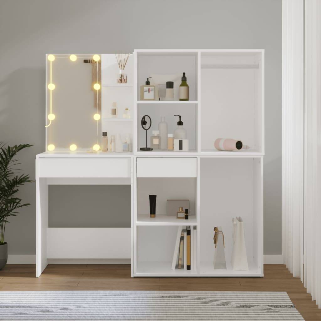 vidaXL LED-Schminktisch mit 2 Schränken Weiß Holzwerkstoff