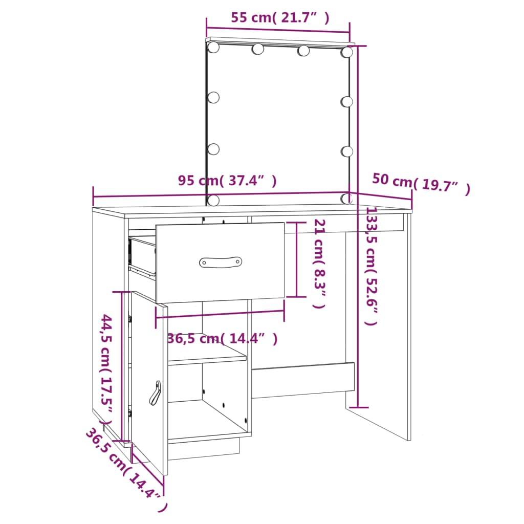 vidaXL Schminktisch mit LED Honigbraun 95x50x133,5cm Massivholz Kiefer