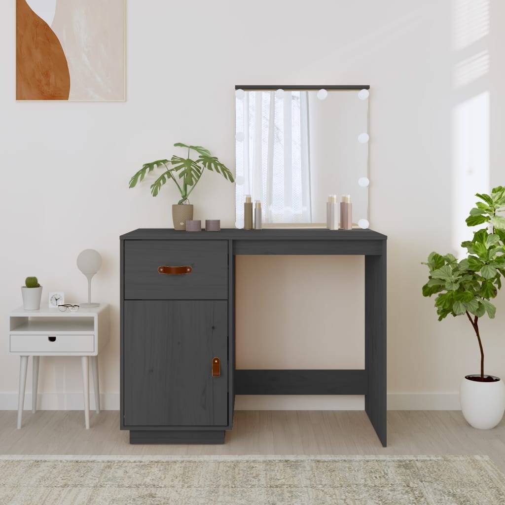 vidaXL Schminktisch mit LED Grau 95x50x133,5 cm Massivholz Kiefer