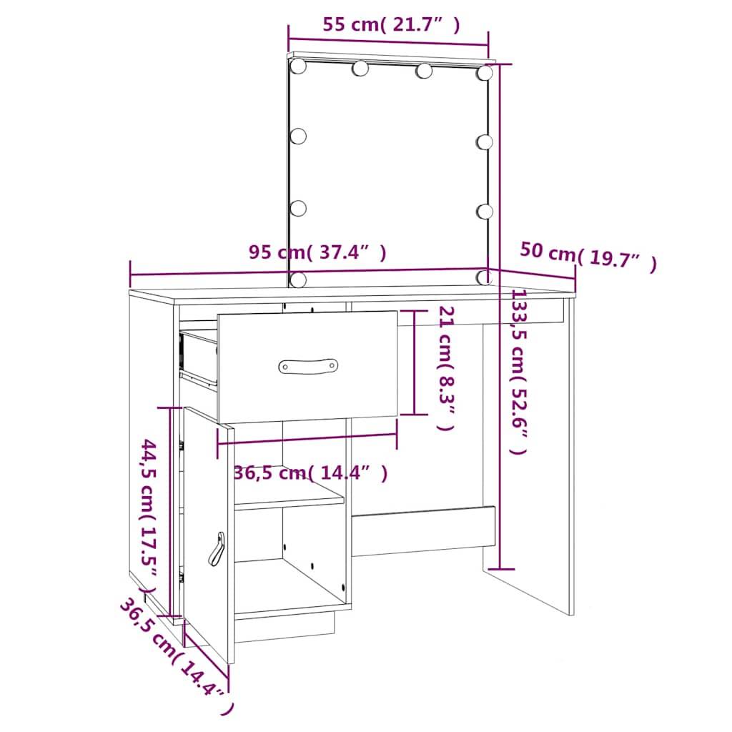 vidaXL Schminktisch mit LED Grau 95x50x133,5 cm Massivholz Kiefer