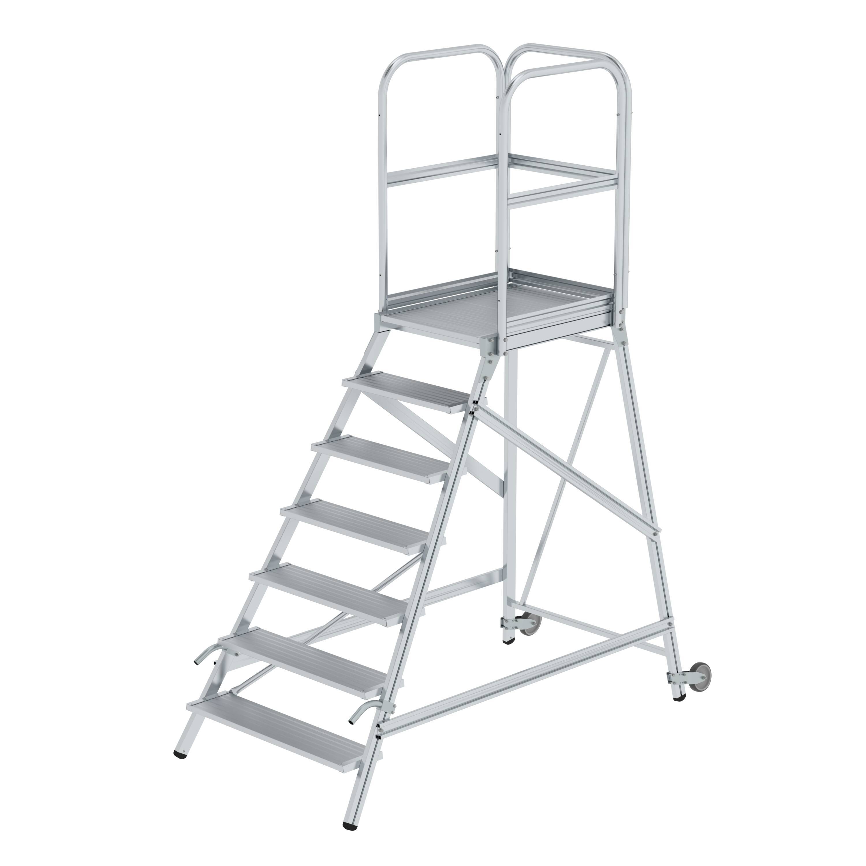 Munk Podesttreppe einseitig begehbar mit Rollen und Griffen Aluminium geriffelt 7 Stu