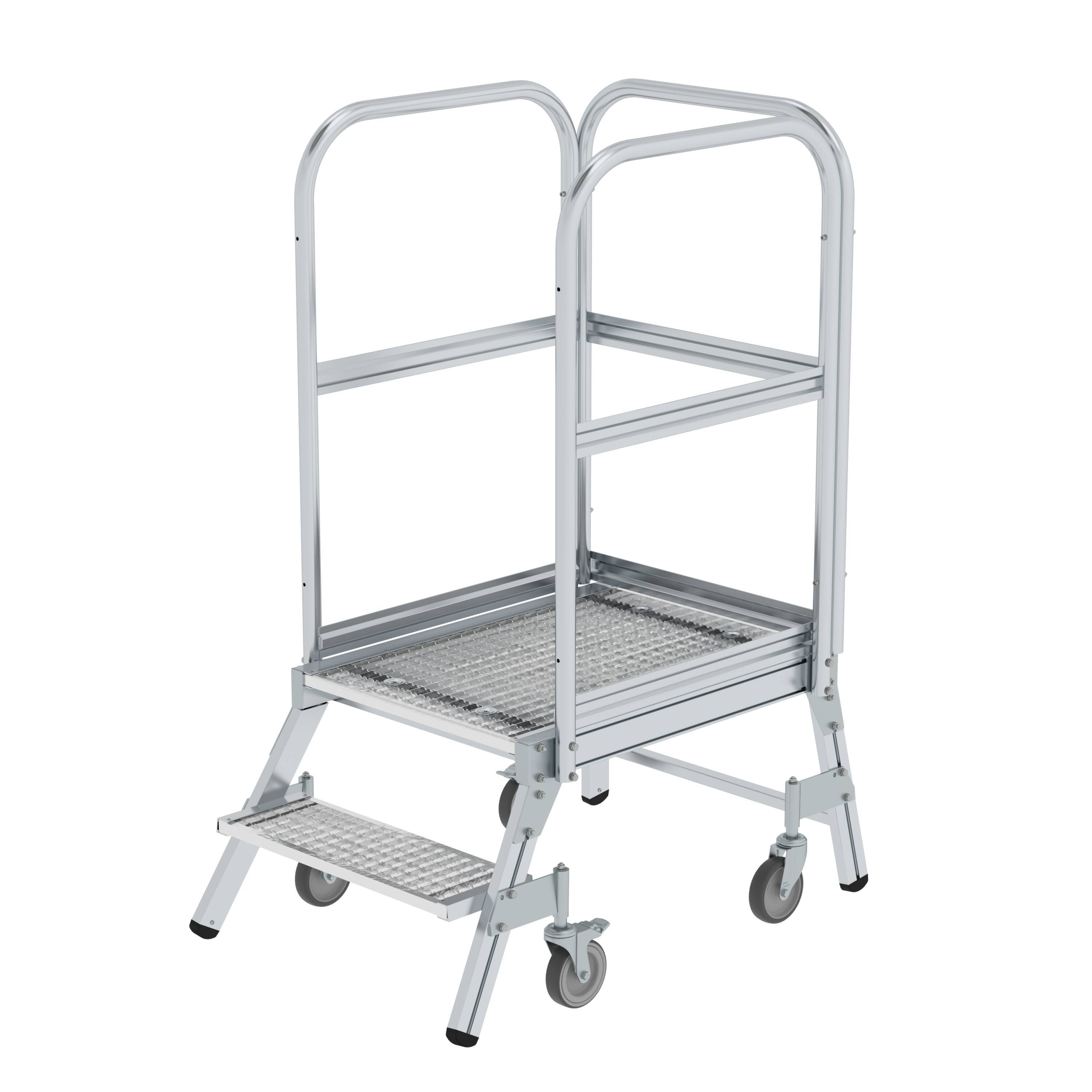 Munk Podesttreppe einseitig begehbar mit Federrollen Stahl-Gitterrost 2 Stufen