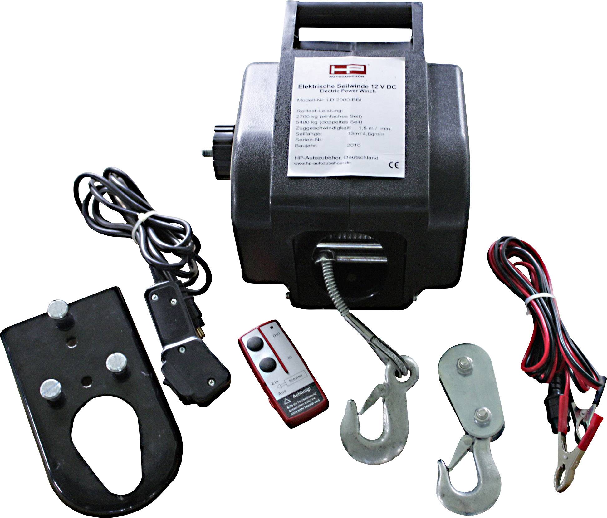 Elektrische Seilwinde mit Zubehör: Steuerung, Haken, Kabel und Halterung. Ideal für Zieh- und Hebeanwendungen mit 12 V DC.
