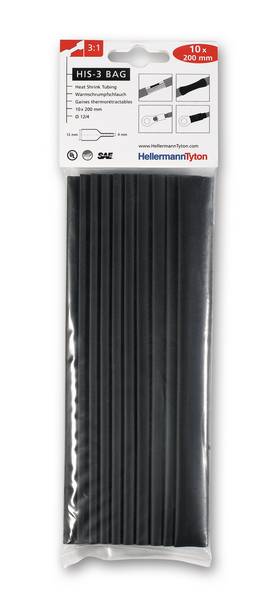 HellermannTyton HIS-3 BAG Warmschrumpfschlauch Ø 12mm, Polyolefin vernetzt Schwarz, Schrumpfrate 3:1, Länge 200mm