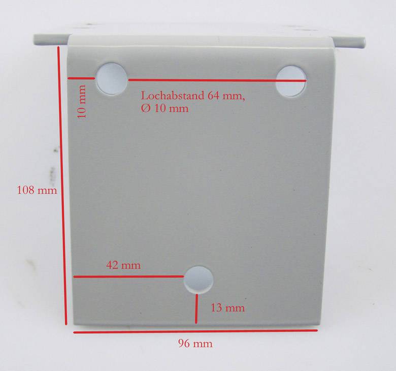 Kunststoffteil mit Bohrlöchern und Maßen: Höhe 108 mm, Breite 96 mm, Lochabstand 64 mm, Lochdurchmesser 10 mm, vertikale Abstände 10 mm, 42 mm, 15 mm.