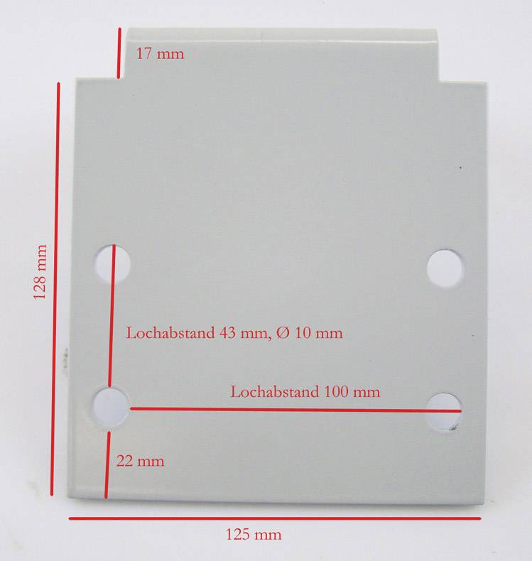 Graues rechteckiges Bauteil mit Lochabständen: 43 mm, 100 mm; Lochdurchmesser: 10 mm. Maße: 128 mm hoch, 125 mm breit.