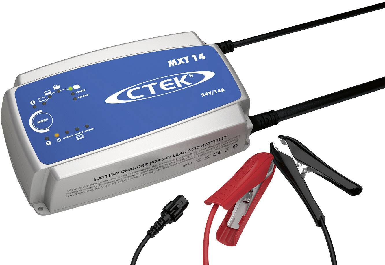 Ladegerät für 24V Blei-Säure-Batterien mit Klemmen. Blaues und silbernes Design, zeigt Ladefortschritt mit Leuchten an.