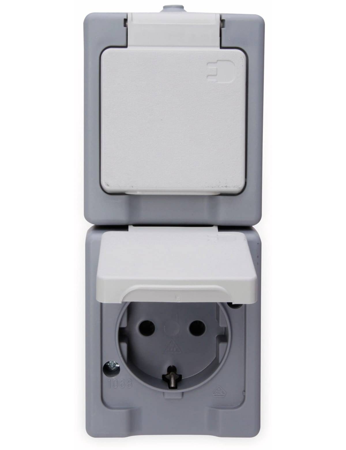 Schutzkontakt-Steckdose 2-fach, senkrecht AP/FR grau/weiss