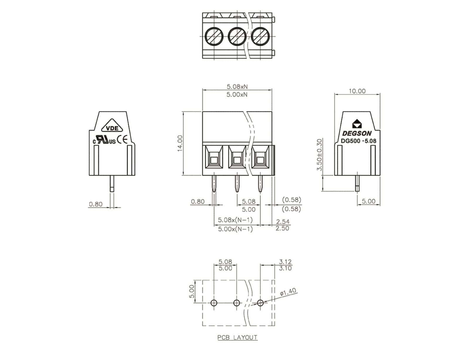 DEGSON Klemmleiste, DG500-5.0-02P-14-00AH, vertikal 2 polig grün