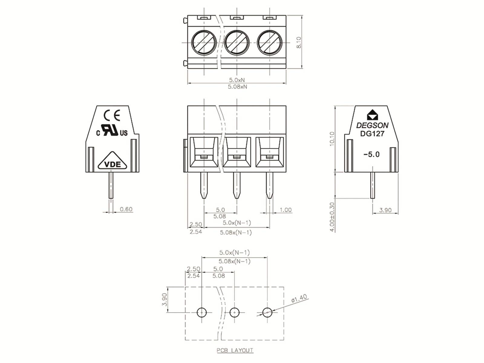 DEGSON Klemmleiste, DG127-5.08-04P-14-00AH, RM 5,08 4 polig grün