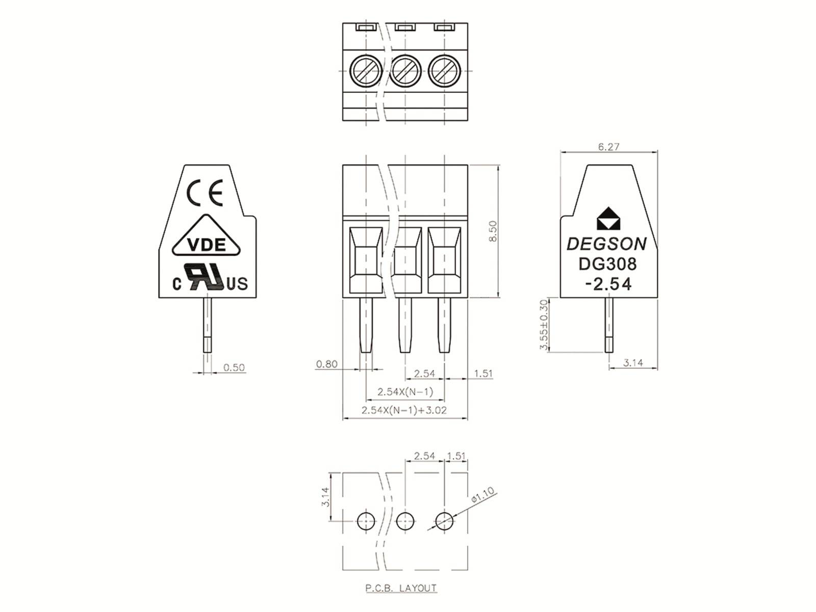 DEGSON Klemmleiste, DG308-2.54-03P-14-00AH, RM 2,54 3 polig grün
