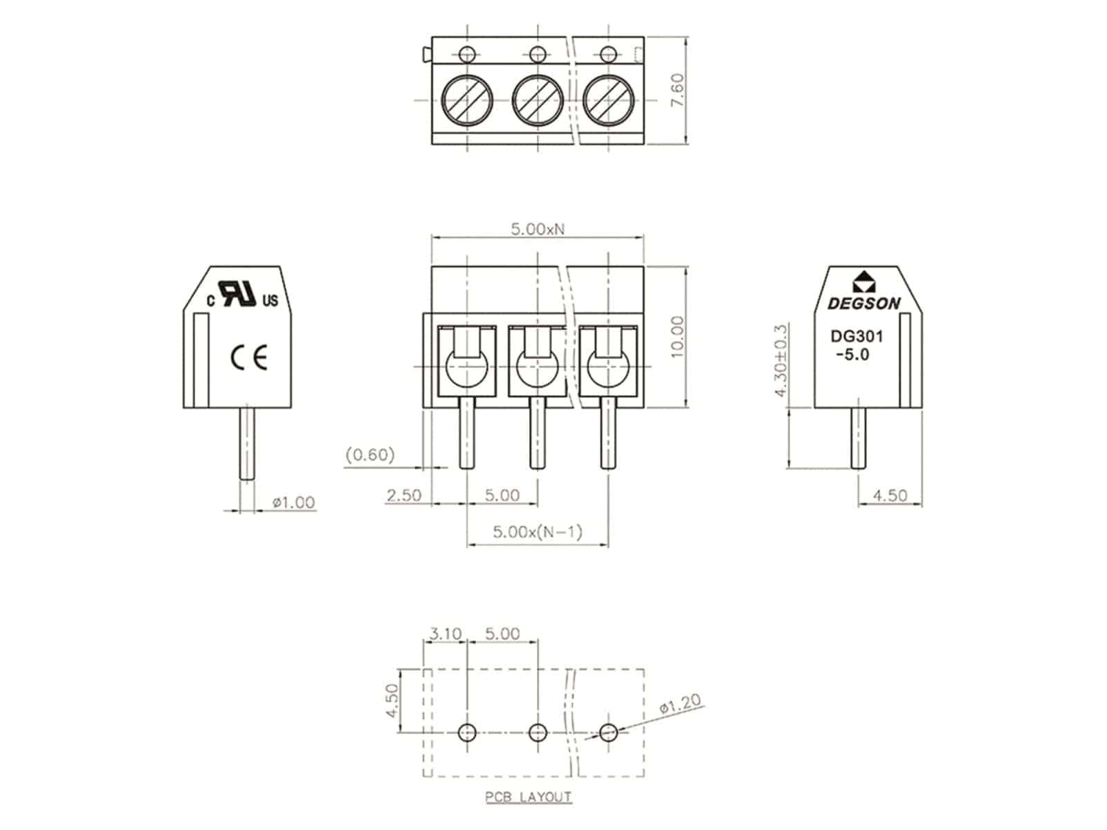 DEGSON Klemmleiste, DG301-5.0-04P-12-00AH, vertikal 4 polig blau