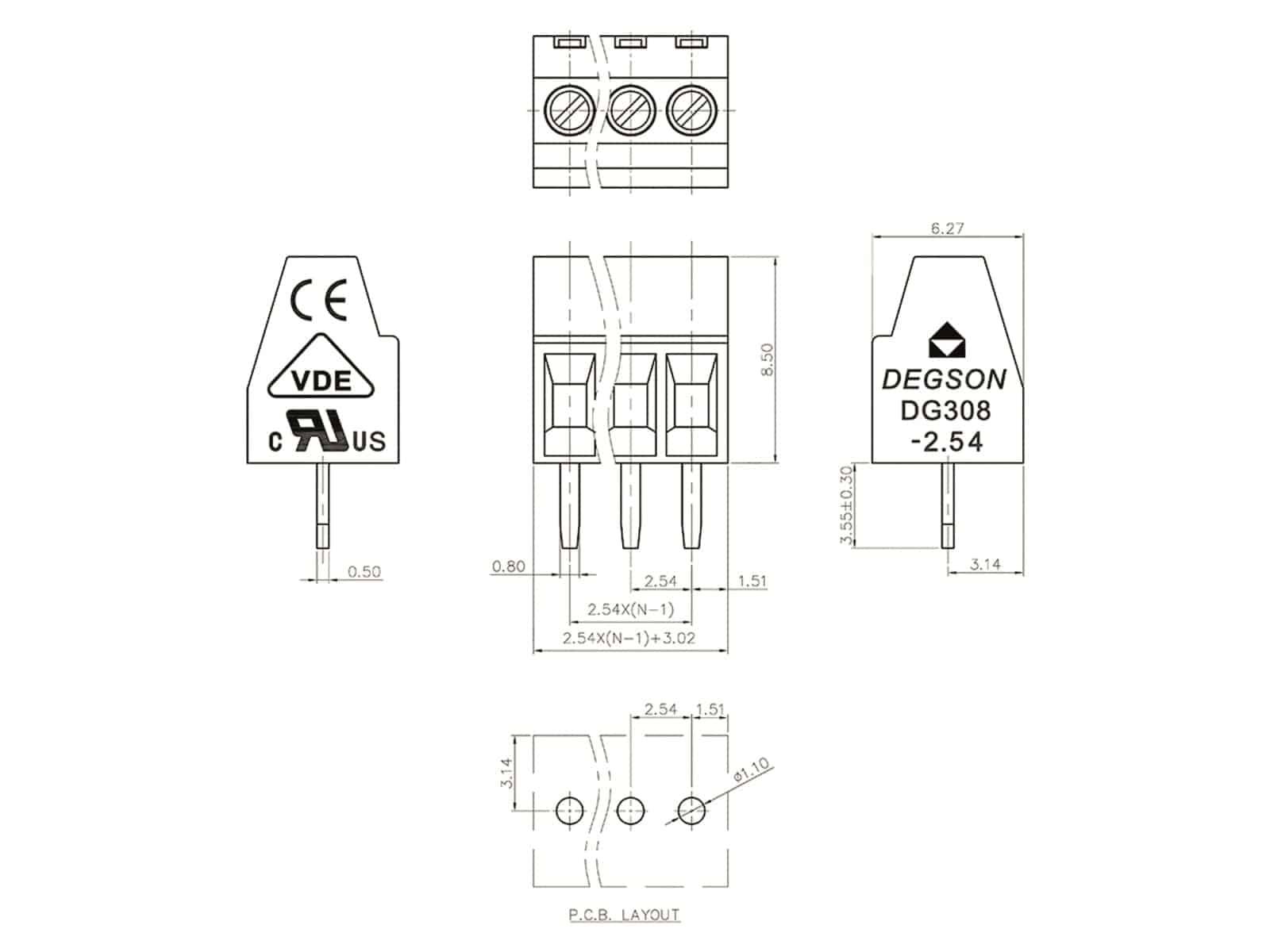 DEGSON Klemmleiste, DG308-2.54-02P-14-00AH, RM 2,54 2 polig grün