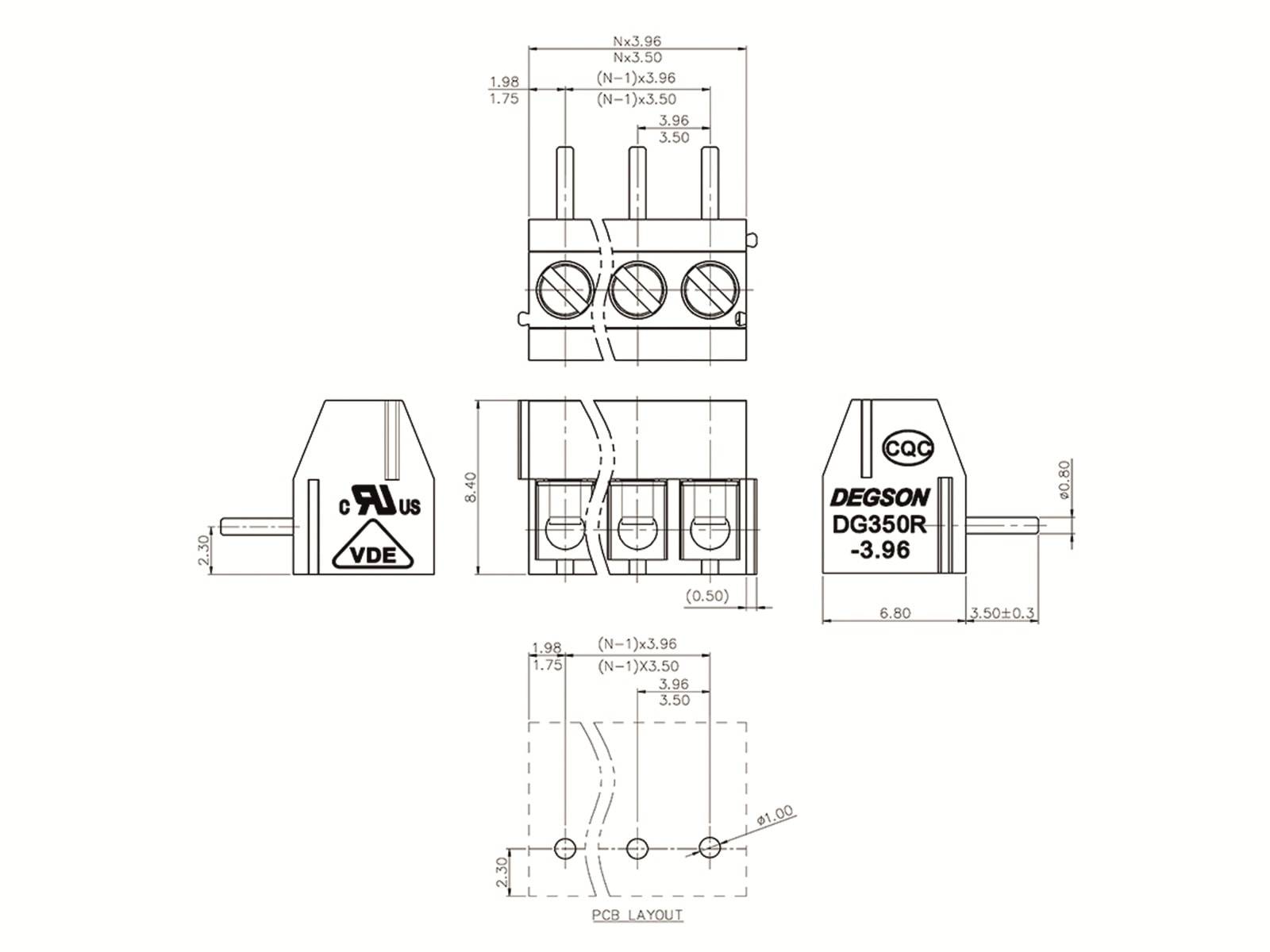 DEGSON Klemmleiste, DG350R-3.5-02P-14-00AH, horizontal 2 pol grün