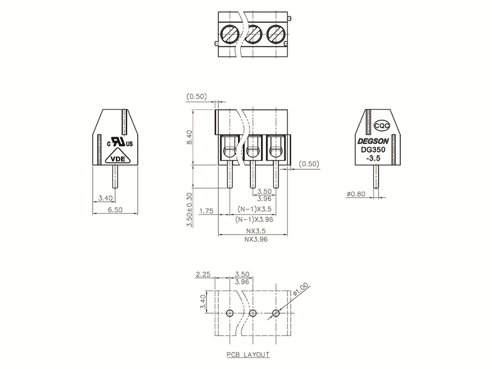 DEGSON Klemmleiste, DG350-3.5-03P-14-00AH, vertikal 3 polig grün
