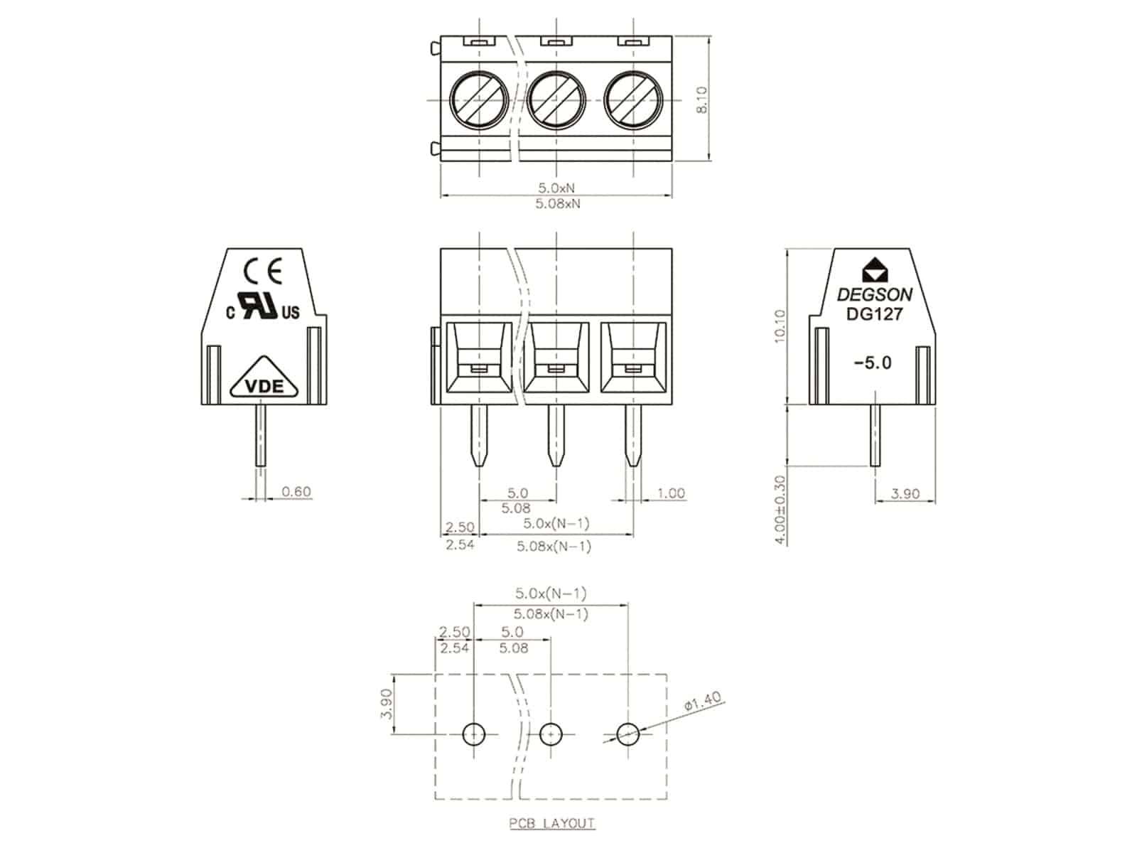 DEGSON Klemmleiste, DG127-5.08-02P-14-00AH, RM 5,08 2 polig grün