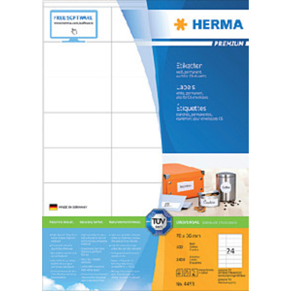 HERMA Premium Papier matt permanent selbstklebend weiß 70 x 36 mm 2400 Etiketten 100 Bogen x 24 laminierte