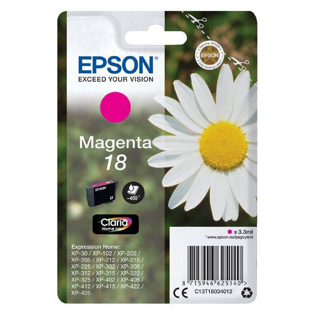 Epson Druckerpatrone T1803, 18 Original Magenta C13T18034012