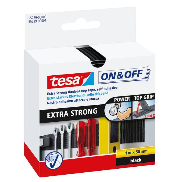 TESA On & Off 55229-00-01 Klettband zum Aufkleben Haft- und Flauschteil, extrastark (L x B) 1000 mm x 50 mm Schwarz 1 St.