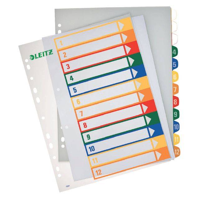 Leitz Register 12940000 DIN A4 1-12 volle Höhe PP farbig/transparent