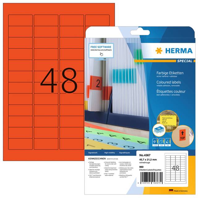 HERMA Special - Papier - matt - permanent selbstklebend - Rot - 45.7 x 21.2 mm 960 Etikett(en) (20 Bogen x 48)
