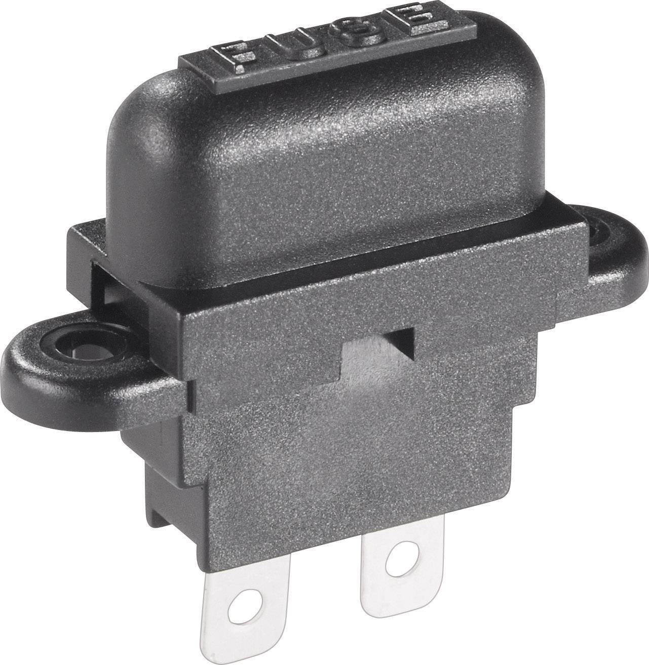 Ein schwarzer Mikroschalter mit zwei Metallanschlüssen und einer Kippfläche. Ideal für Anwendungen in elektronischen Geräten.