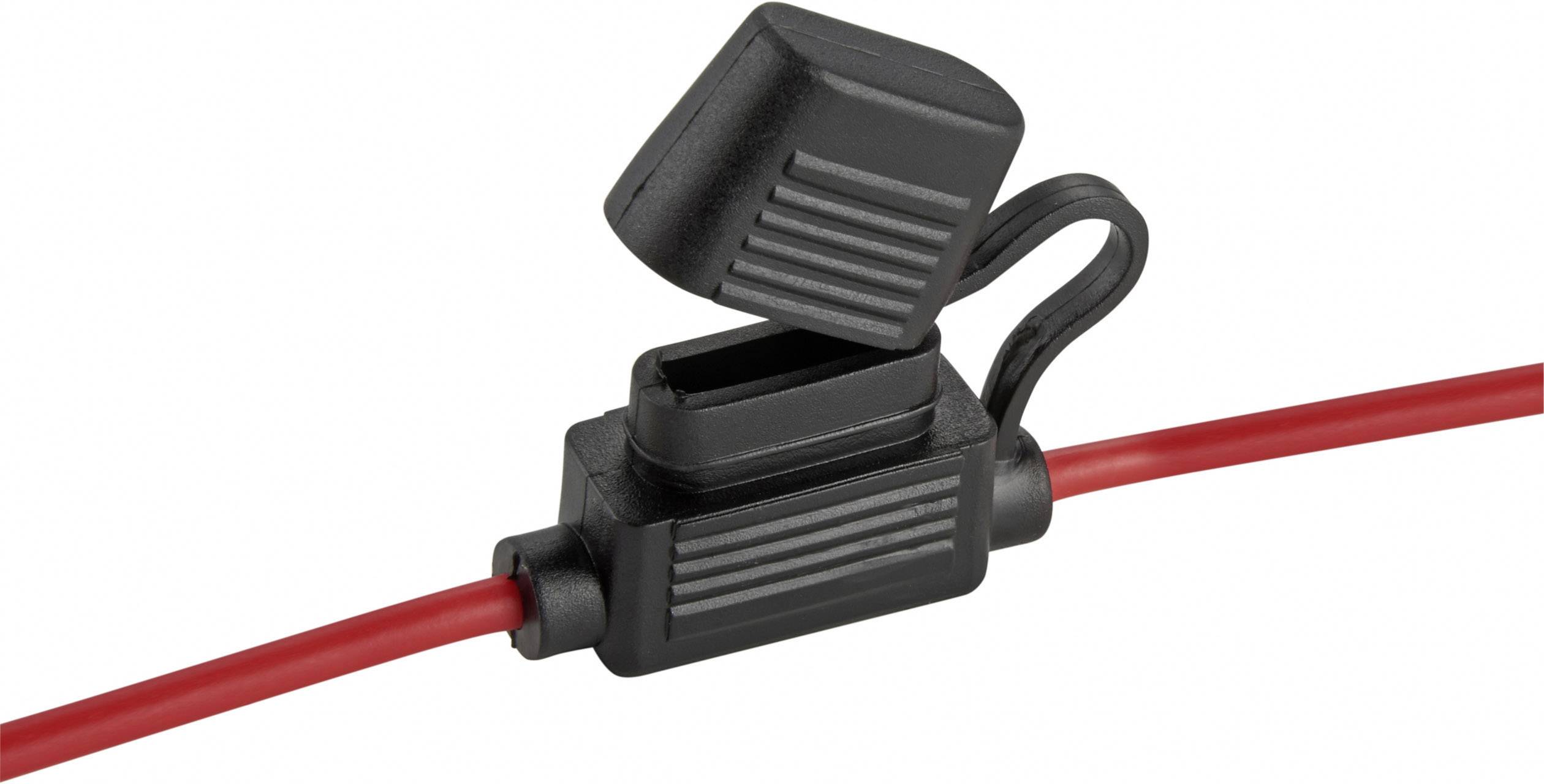 Schwarzer Sicherungshalter mit aufklappbarem Deckel an rotem Kabel; dient zum Schutz elektrischer Schaltkreise in Fahrzeugen.