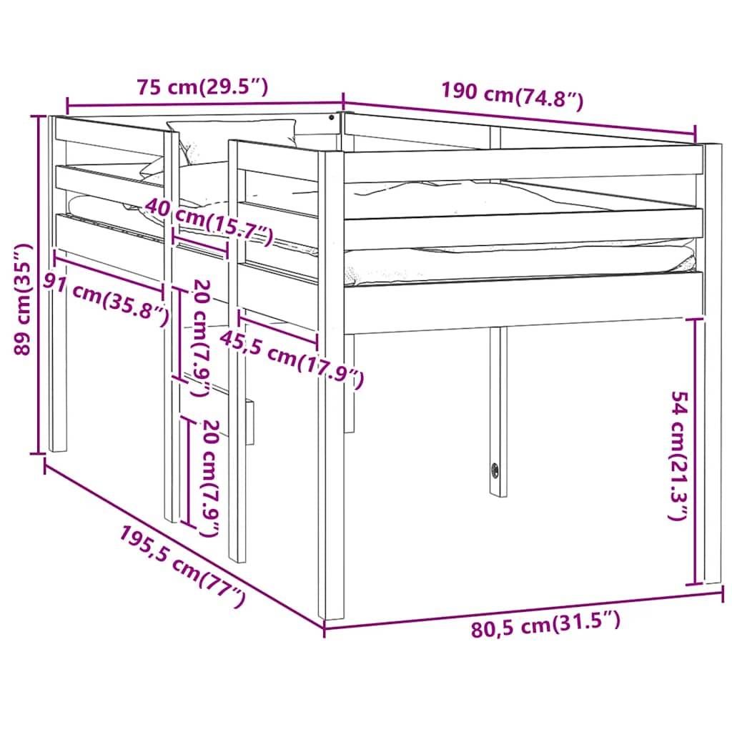 vidaXL Hochbett Weiß 75x190 cm Massivholz Kiefer