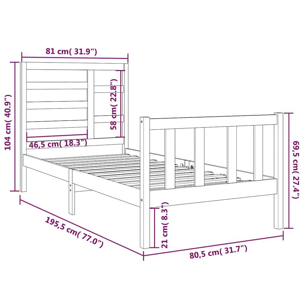 vidaXL Massivholzbett ohne Matratze Schwarz 75x190 cm