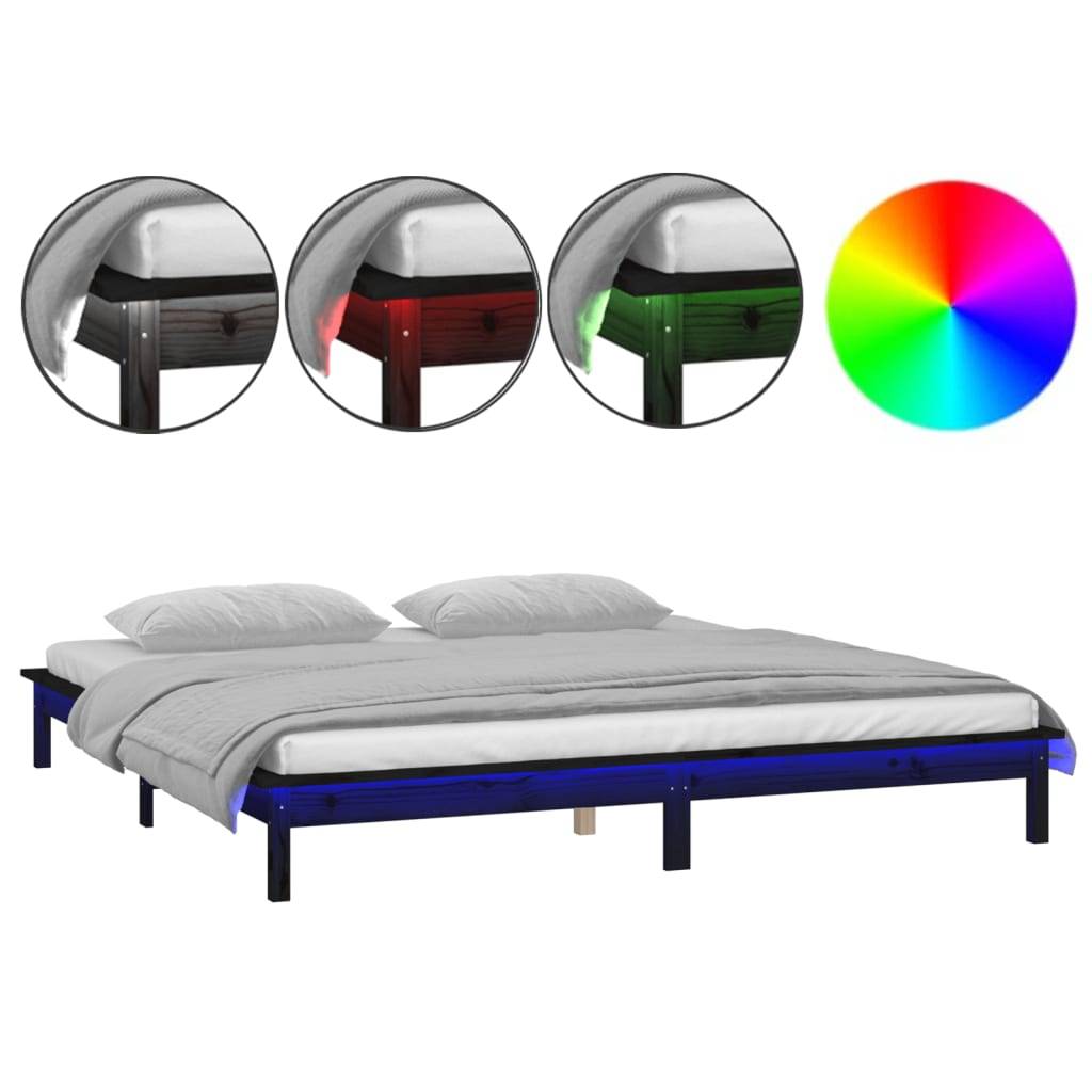 vidaXL Massivholzbett mit LEDs Schwarz 140x190 cm