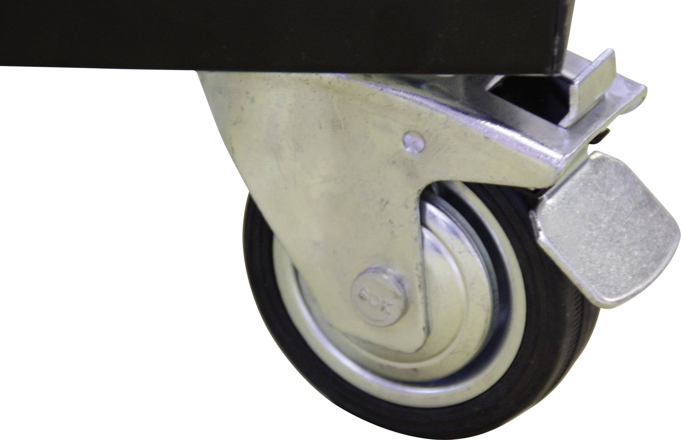 Ein Metallschwenkrad mit Bremse, montiert an einem Möbelstück, zeigt robuste Bauweise für einfache Mobilität und Stabilität.
