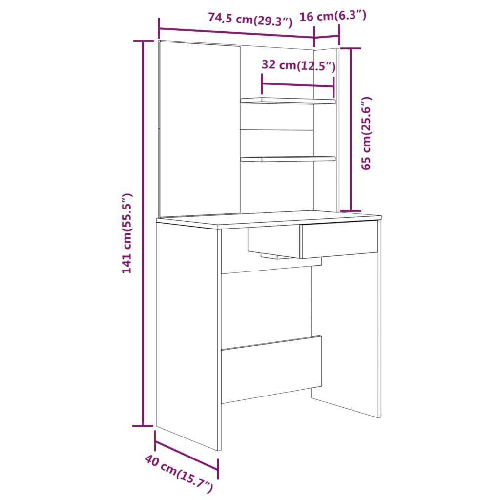 vidaXL Schminktisch mit Spiegel Weiß 74,5x40x141 cm