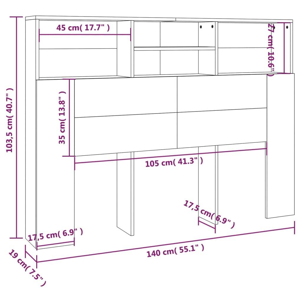 vidaXL Kopfteil mit Ablagen Grau Sonoma 140x19x103,5 cm