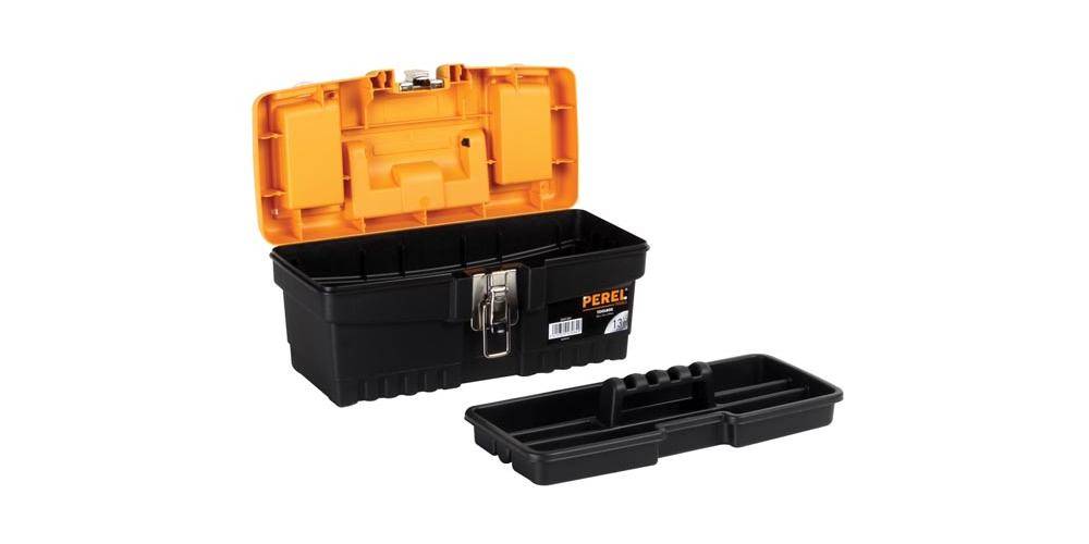 Perel Werkzeugkoffer Kunststoff leer, 2 Organizer, Metallverschluss, schwarz/orange, 320×155×139 mm
